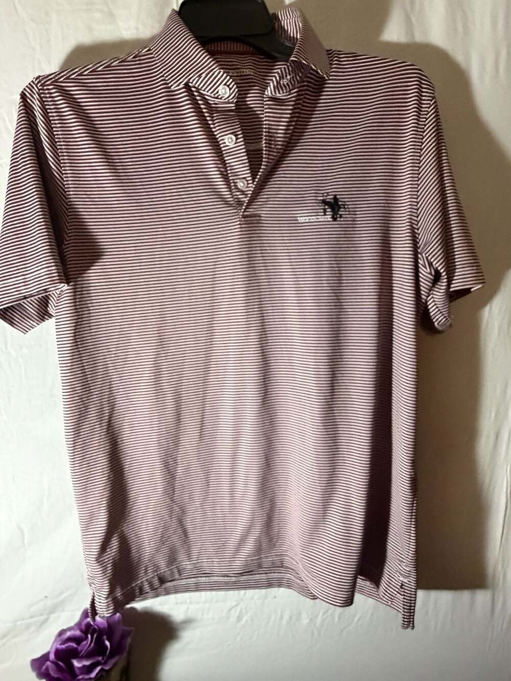 Harlestons Tailored Fit Maroon Striped Golf Polo Shirt Woodcreek Club Logo Men's